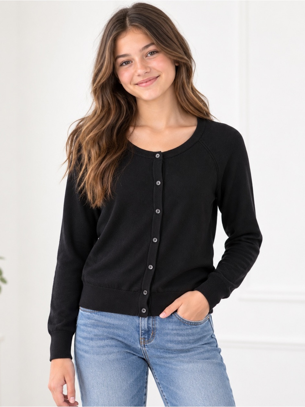 Cherokee Girls Black Cotton Button Front Cardigan Sweater School Uniform 14/16